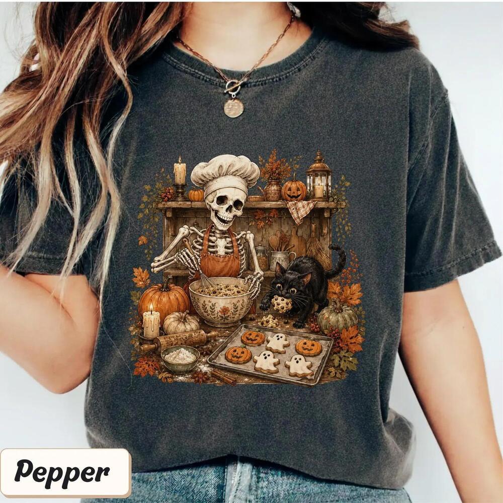Halloween Baking Shirt, Skeleton Chef Tee, Black Cat Pumpkin T-Shirt